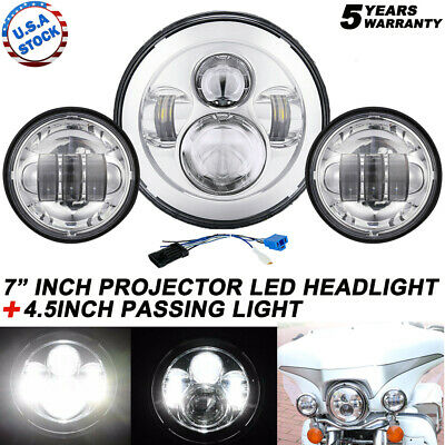 80w 7" Led Projector Headlight + Passing Lights Fit For Harley Touring Chrome