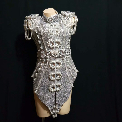 Shiny Silver Rhinestone Pearl Set 2-piece Performance Costume 2021