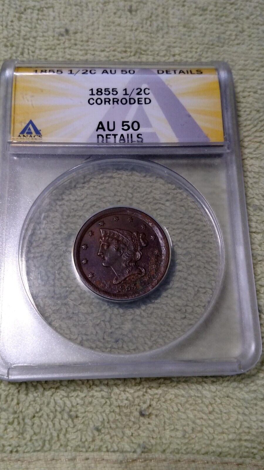 1855 Half Cent 1/2c Anacs Au50 Details