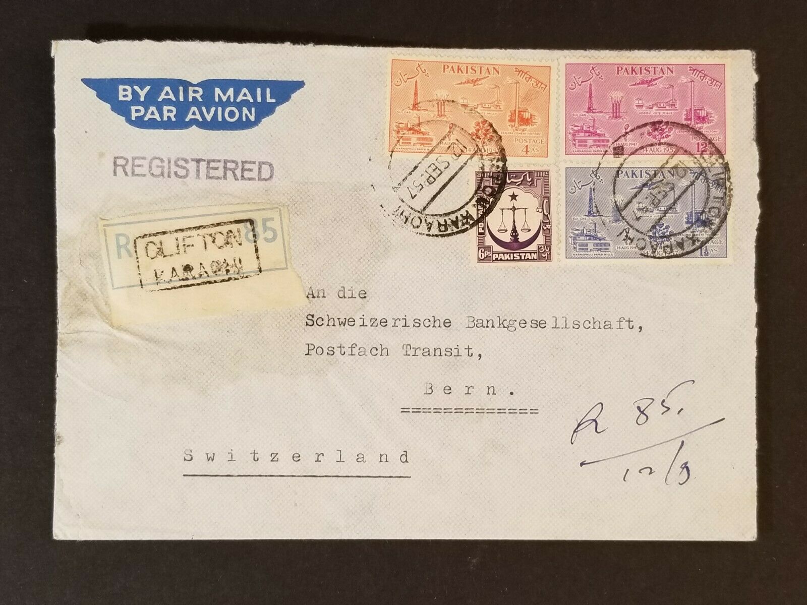 1957 Swiss Embassy Karachi Pakistan Bern Switzerland Registered Air Mail Cover