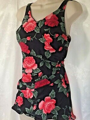 Vintage Swim Bathing Suit Dress Skirt Tank Roxanne 70s Roses 36d Bra Xl Red 14