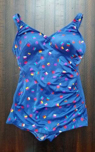 Vintage Blue Swimsuit With Colored Squares, Skirted Front And Side Rouching