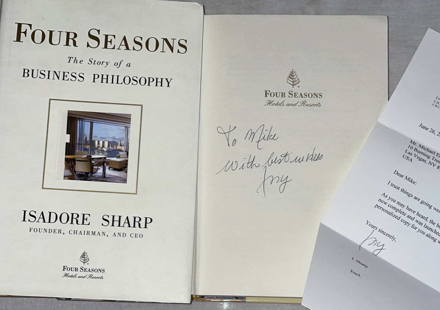 Signed Four Seasons Book Isadore Sharp + Personal Letter 1st Ed. Hc Dj Hotel