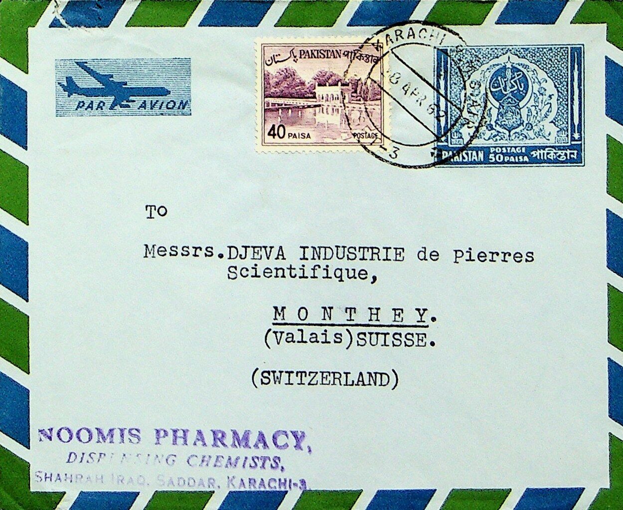 Pakistan 1962 40p Uprated On 50p Airmail Aerogramme Karachi To Switzerland