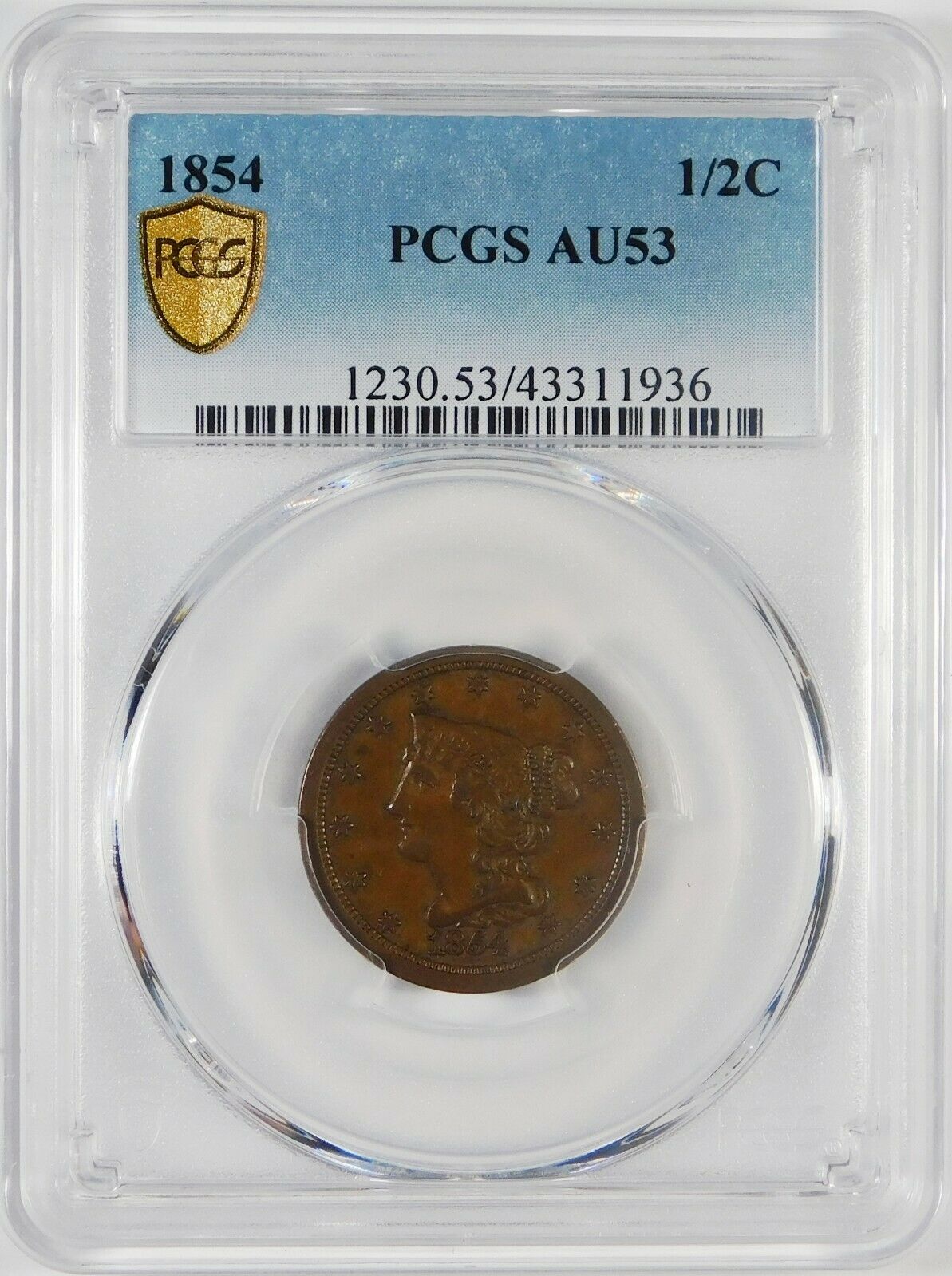 1854 1/2 Braided Hair Half Cent Pcgs Au53
