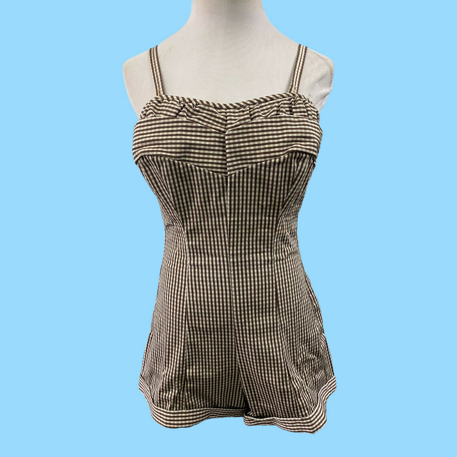 Vtg 1950's One Piece Swimsuit Brown Check -perfection Firt By Roxanne Size 36