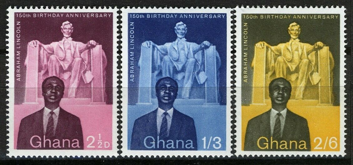 Ghana 1959, 150 Anniv Birth Abraham Lincoln Set Vf Mnh, Mi 39a-41a