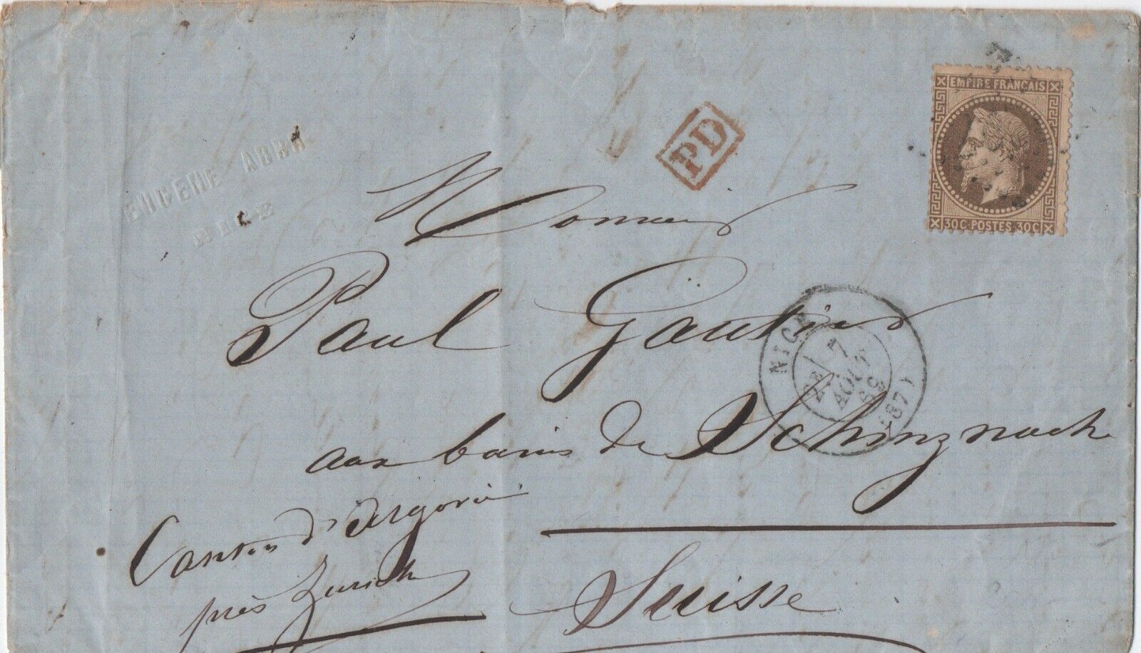 France 1869 Letter With 30 C Stamp, Nice To ?/suisse
