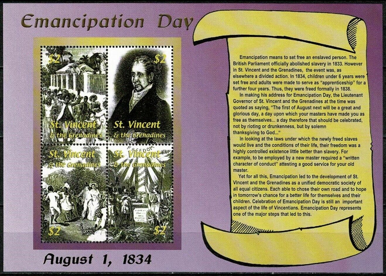 Sc91 St Vincent & The Grenadines 2002 Miniature Sheet Emancipation Day Mnh