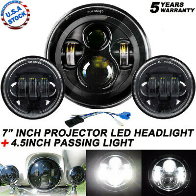 80w 7 Inch Led Projector Headlight + Passing Lights Fit For Harley Touring Black