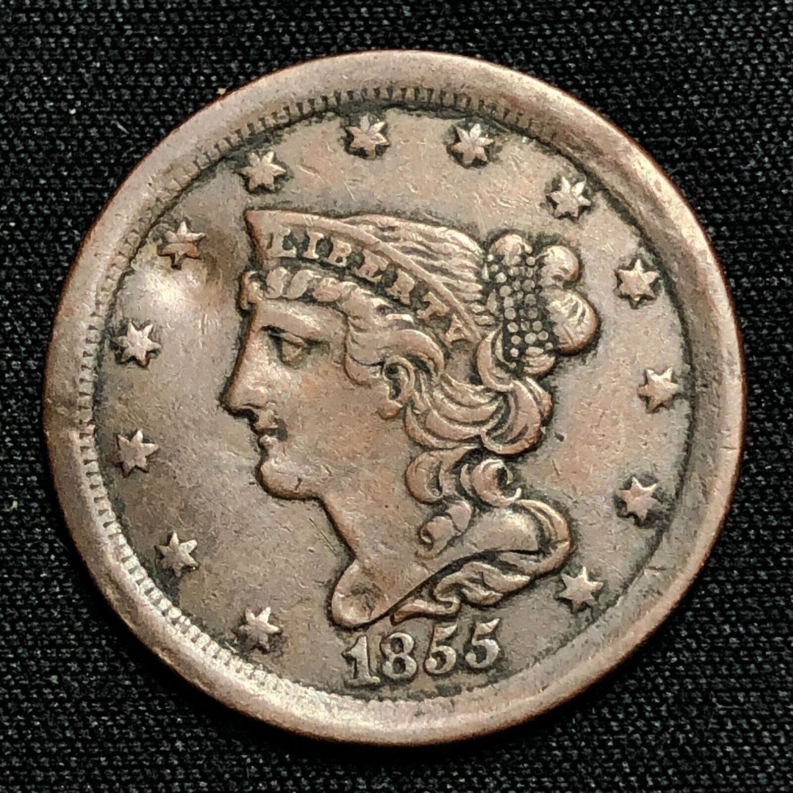 1855 Braided Hair Half Cent Philadelphia Mint Very Fine Condition Damaged