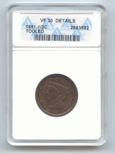1851 Braided Hair Half Cent, Old Small Anacs Vf-30 Details