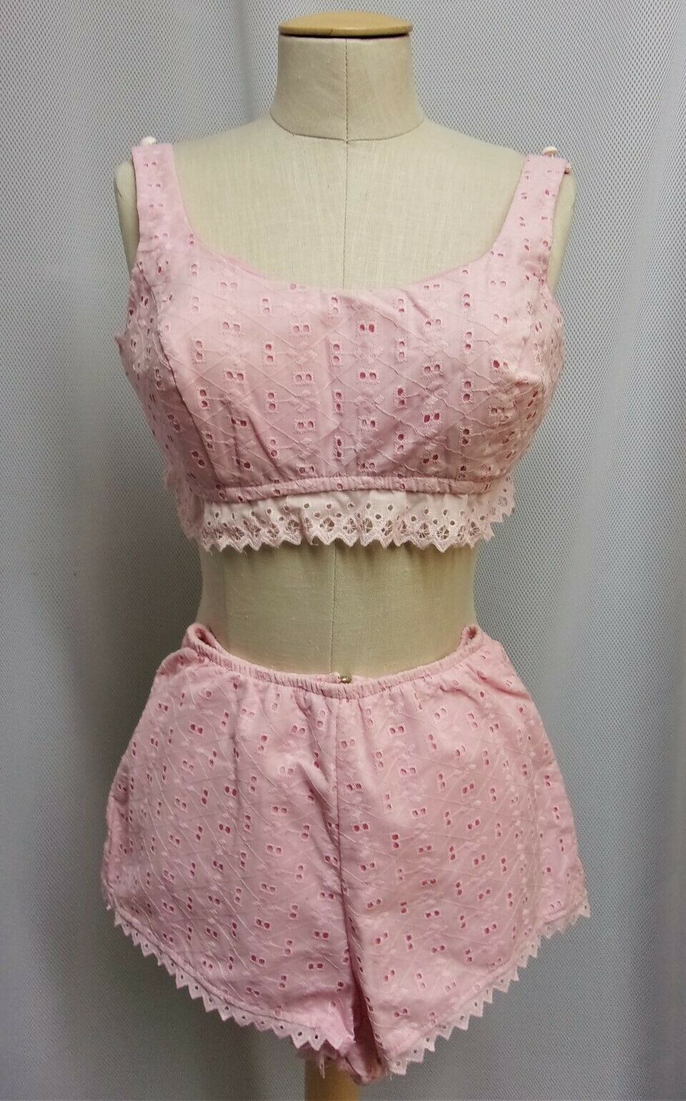Vintage 2 Piece 1960 Rockabilly Pink Swimsuit Eyelet Lace Nos 36/13 Xsmall