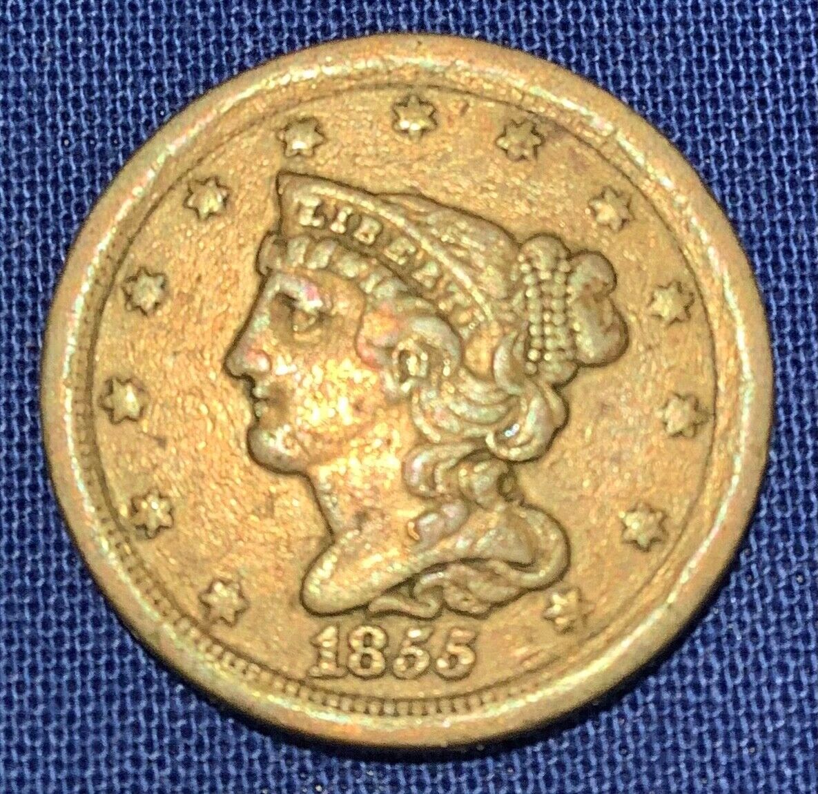 1855 Half Cent, Slanted 5’s Braided Hair Liberty 1/2 Cent, Very Fine