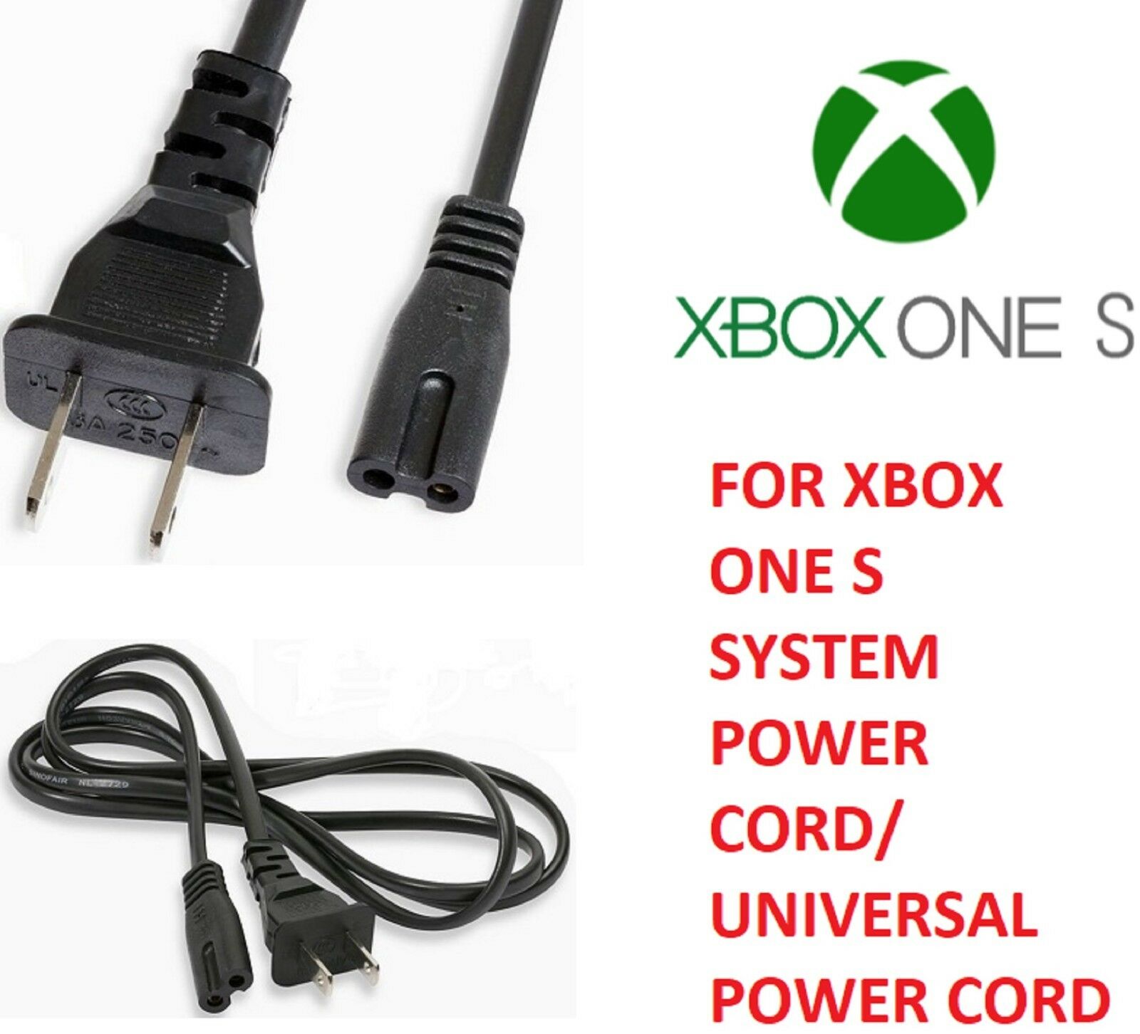For Xbox One S 6ft Pa-14 2 Slot Prong Power Cord Charging Cable Wall Plug