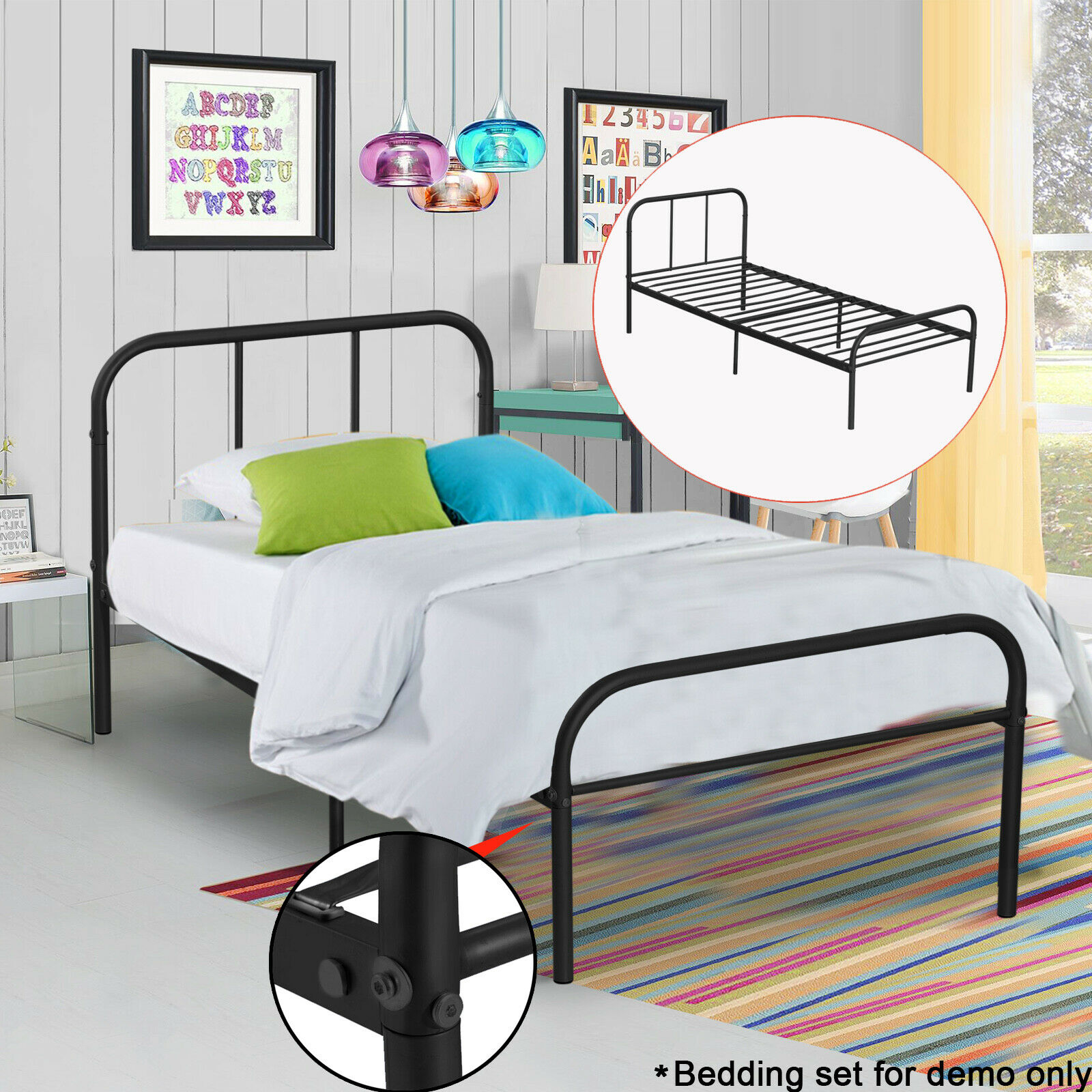 Metal Bed Frame Twin Size Black Headboard Platform Mattress Foundation Bedroom