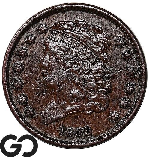 1835 Half Cent, Classic Head, Scarce Choice Au Early Date Copper