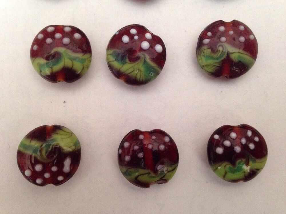 3 18mm Red Green Swirl Czech Glass Coin Shaped Beads Unique L@@k Sale