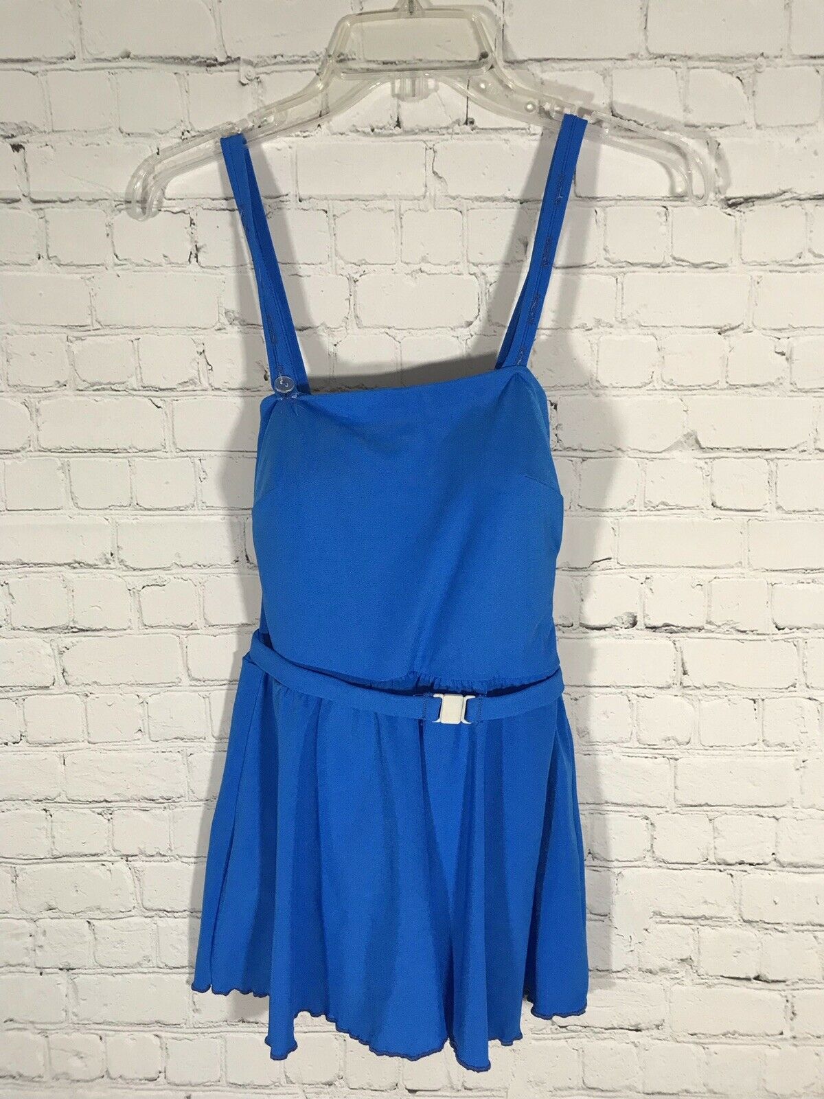 Vtg Roxanne Swimsuit Blue Skirted Belted Retro Union Made One Piece 32c Size 10