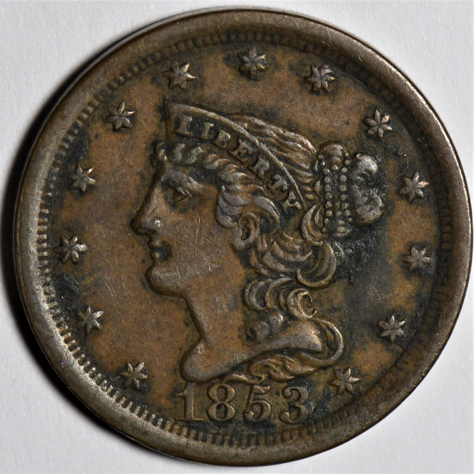 1853 Braided Hair Half Cent, Sharp Looking Higher Circulated Condition.