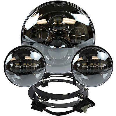 7" Black Led Projector Daymaker Headlight + Passing Lights For Harley Touring Bl