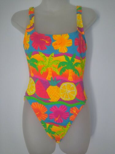 Catalina Vintage 90s Swimsuit Jr 9/10 Neon Floral Hi Cut Leg Open Back 1 Piece