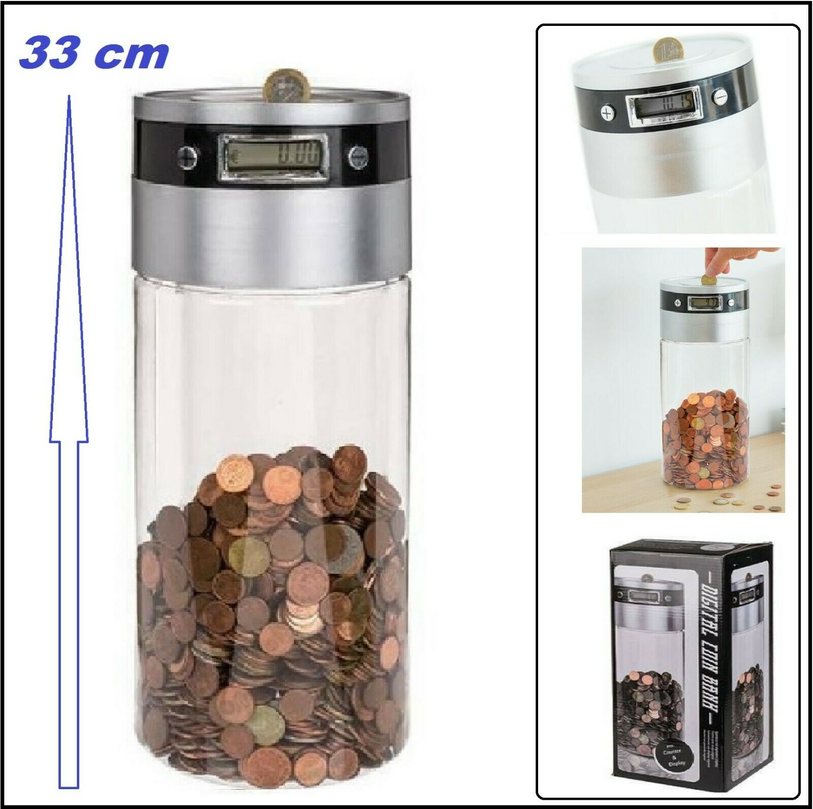 Money Box Digital Counter Display Euro Coins Counter Piggy Bank 13x5 5/16in Xxl