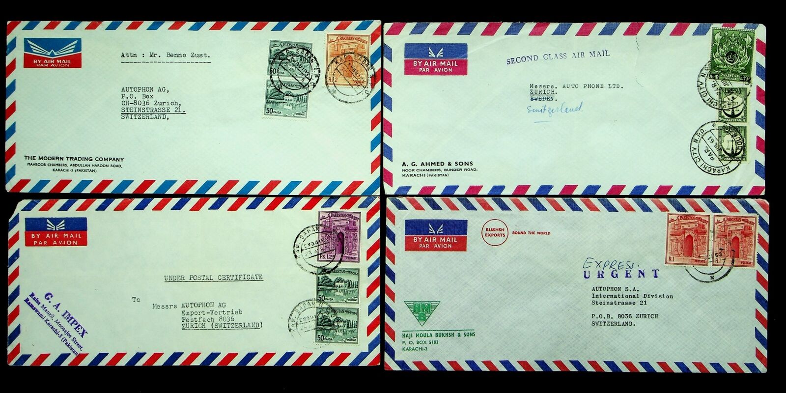 Pakistan Set Of 4 Airmail Covers W/ 11v From Karachi To Zuerich Switzerland