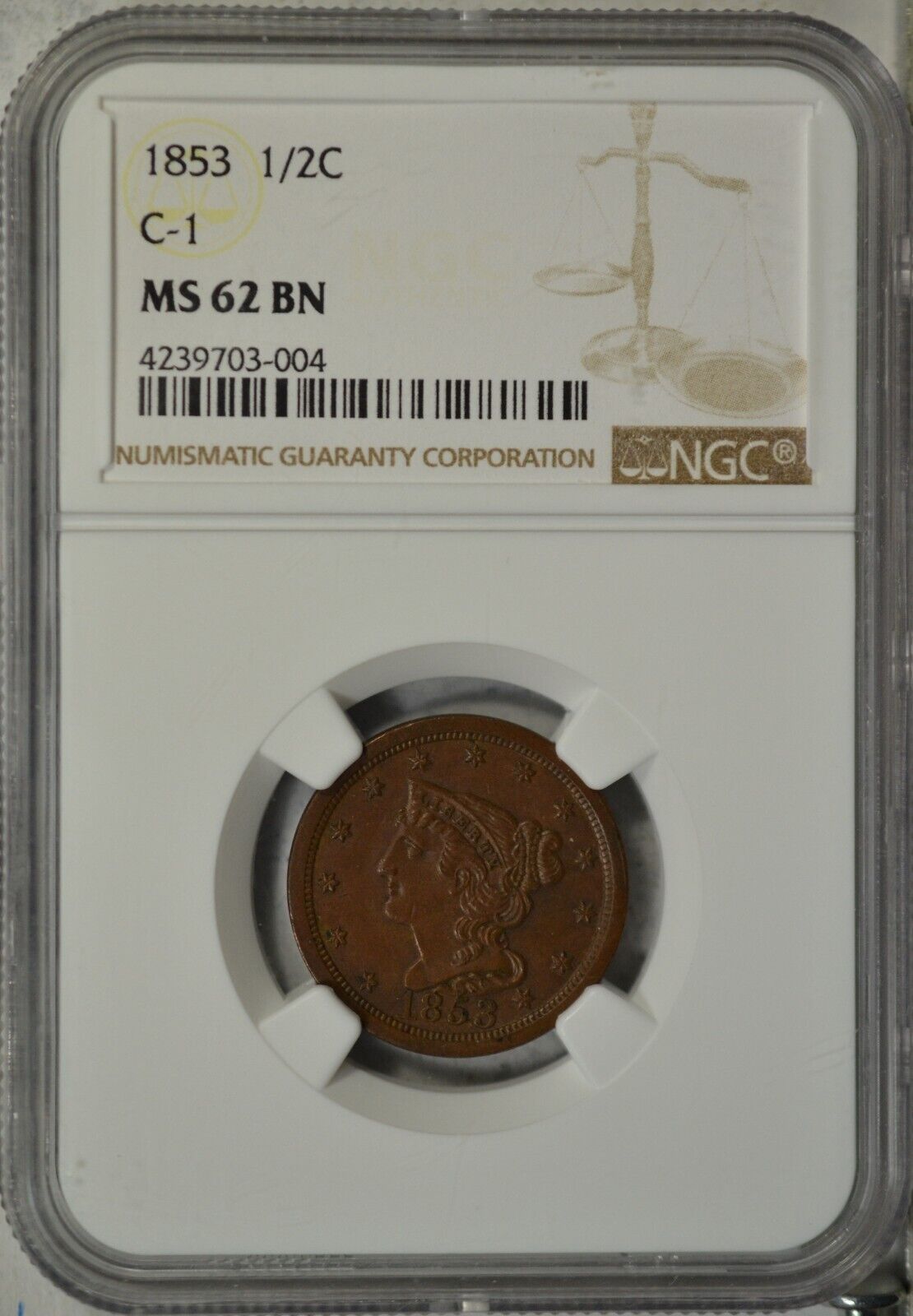 1853 Braided Hair Half Cent, Ngc Ms62..........type Coin Company