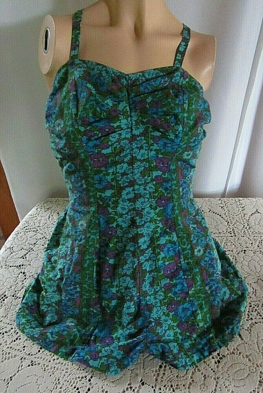 Vintage 50's/60's Swimsuit ,one Piece,cotton Blue/green Floral,32" ,pin Up Vlv
