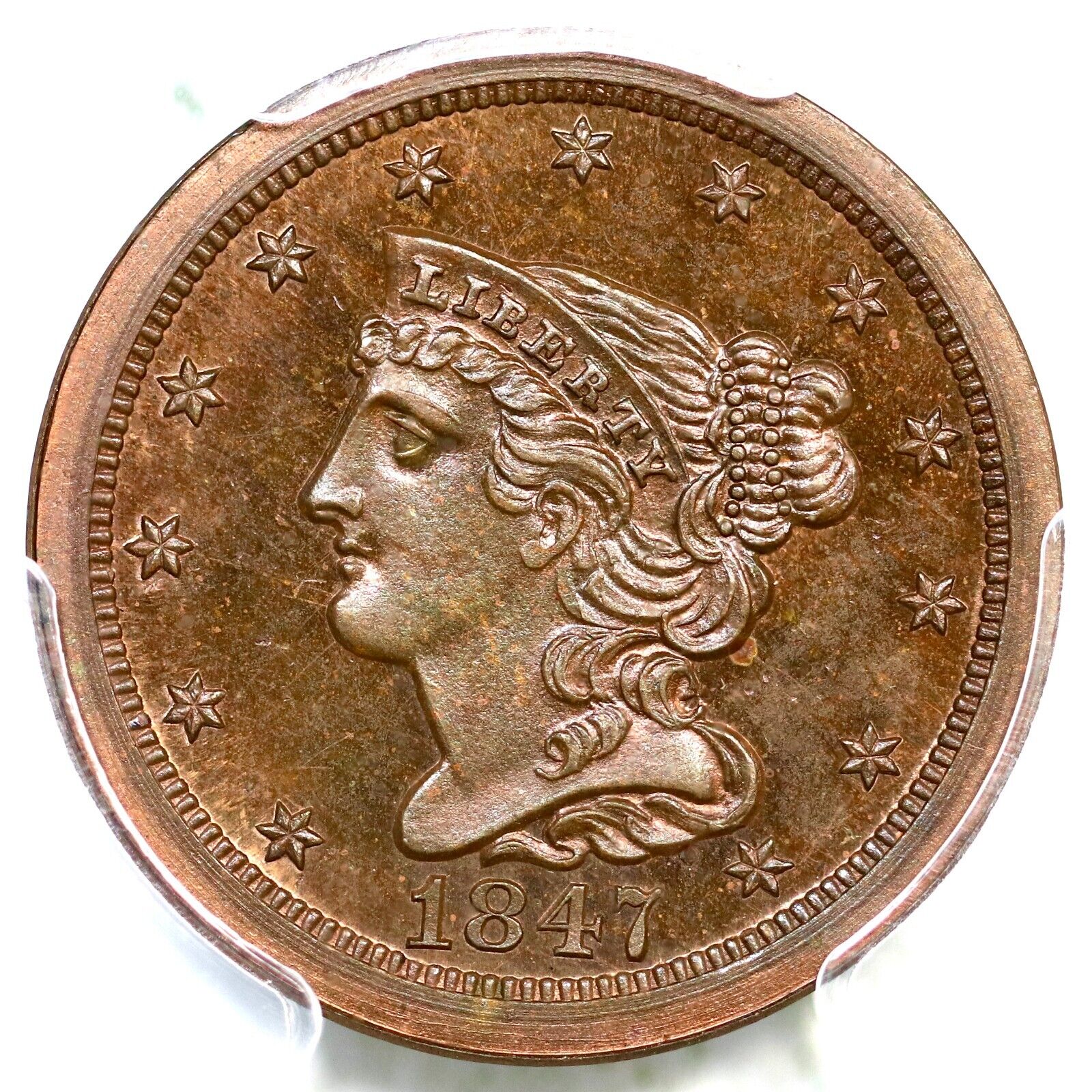 1847 Restrike R-5 Pcgs Pr 65 Rb Cac Braided Hair Half Cent Coin 1/2c