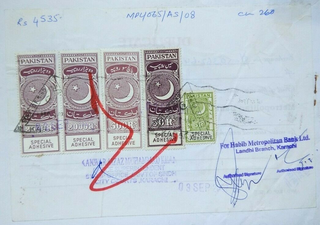 Pakistan Special Adhesive Revenue Stamps 500r & 2000r (2) Etc On Document