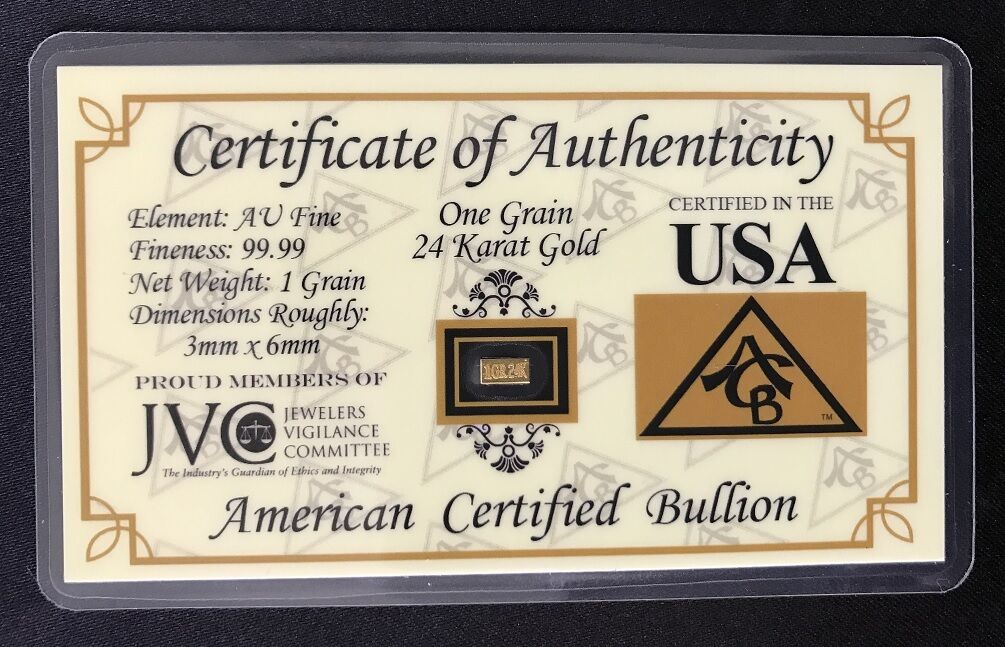 One (1)grain .999 Fine 24k Solid Gold Bar Ingot Bullion With Coa // Minted Acb