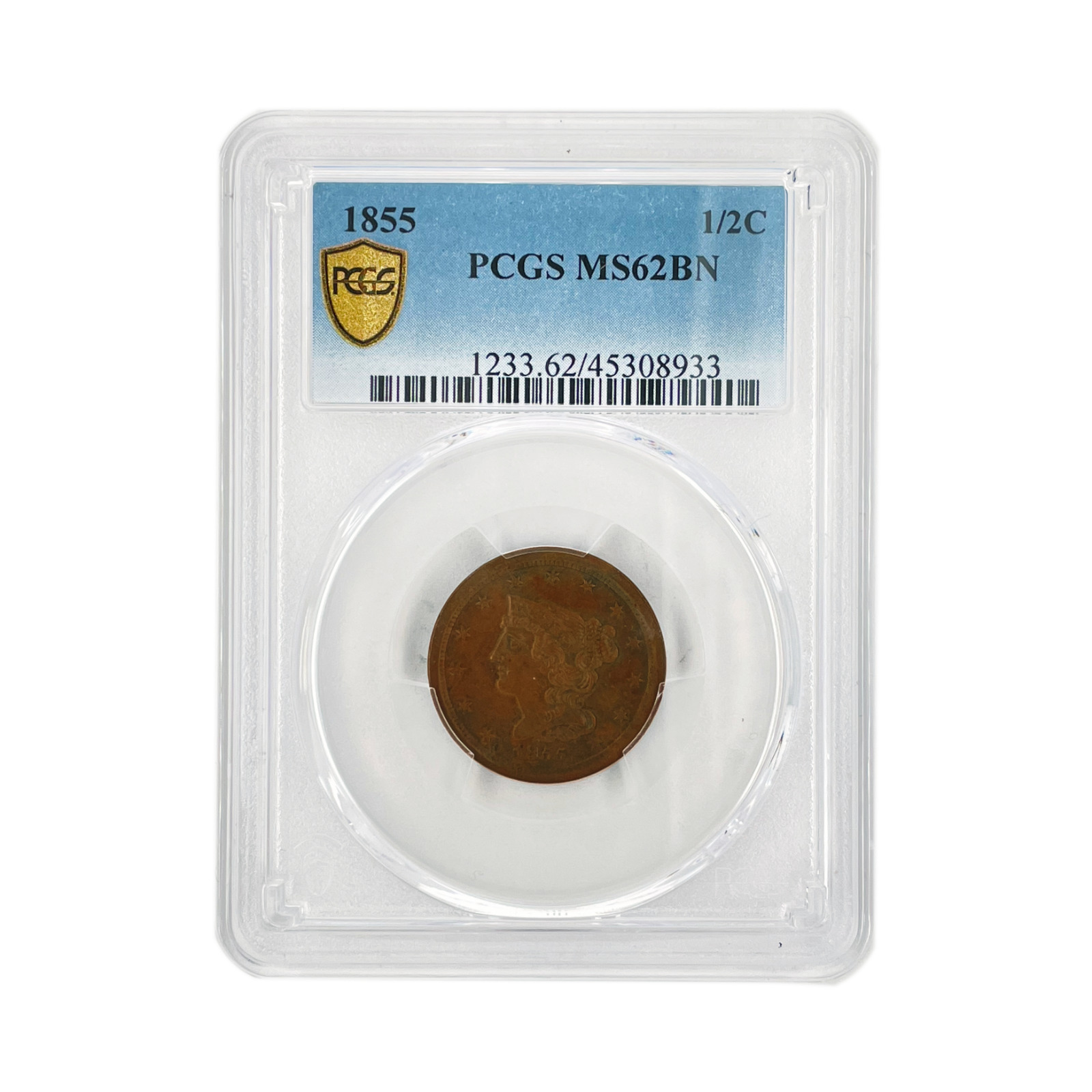 Pcgs Ms62bn 1855 1/2c Braided Hair - Half Cent Coin