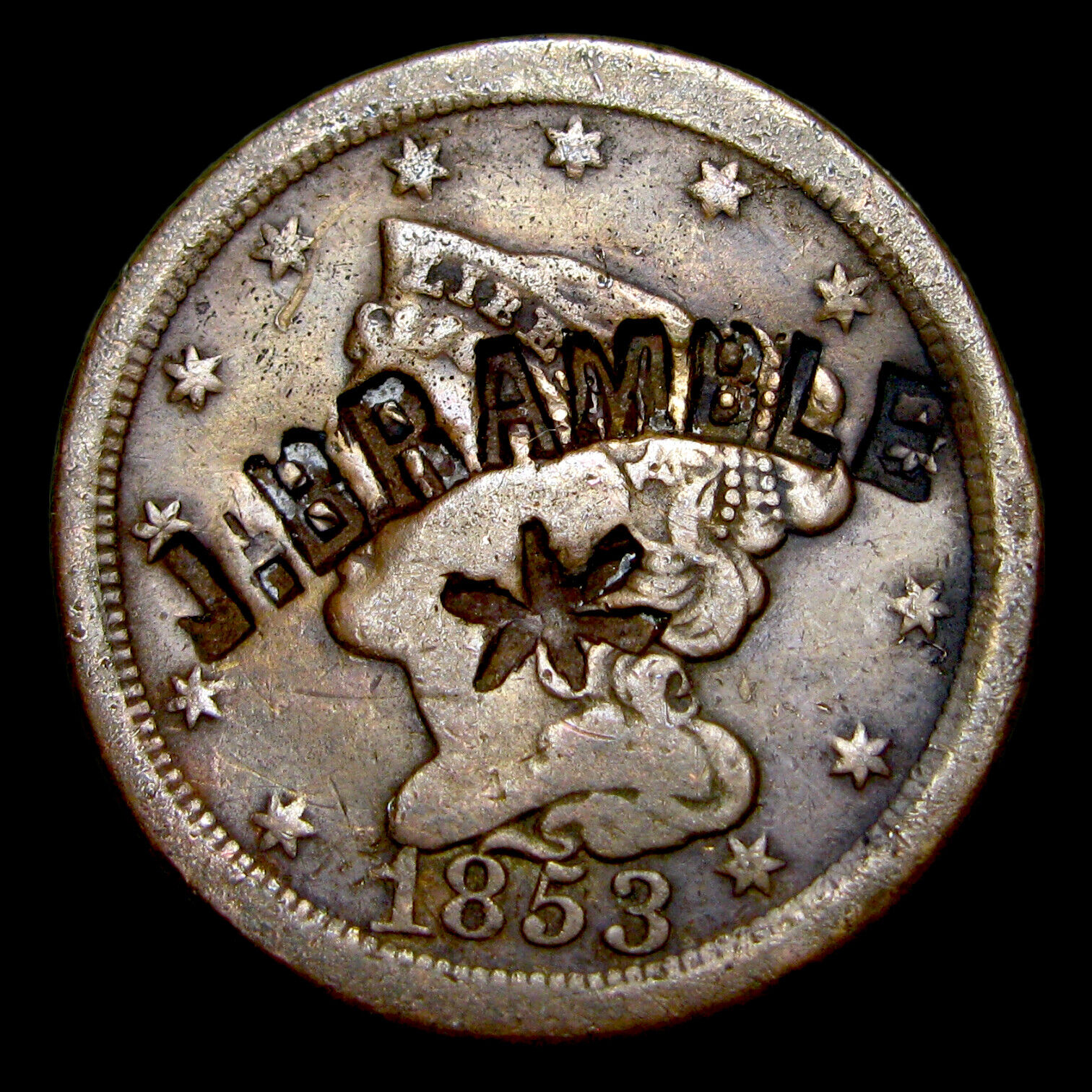 1853 Braided Hair Half Cent 1/2 Penny Counterstamped J Bramble Coin ---- #xd665